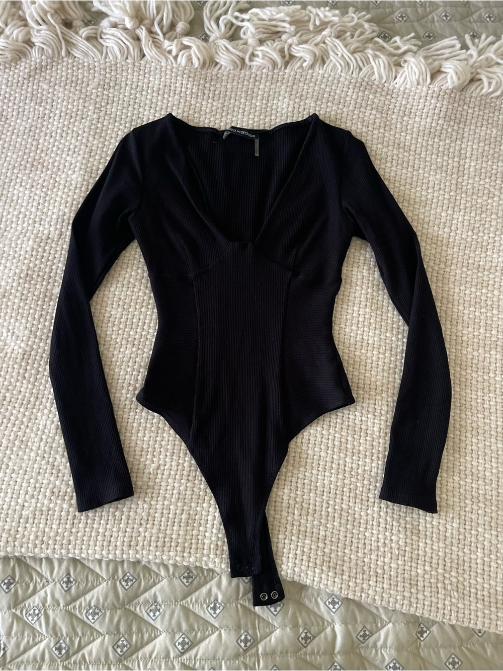 naked wardrobe Black Ribbed V-Neck Long Sleeve Bodysuit